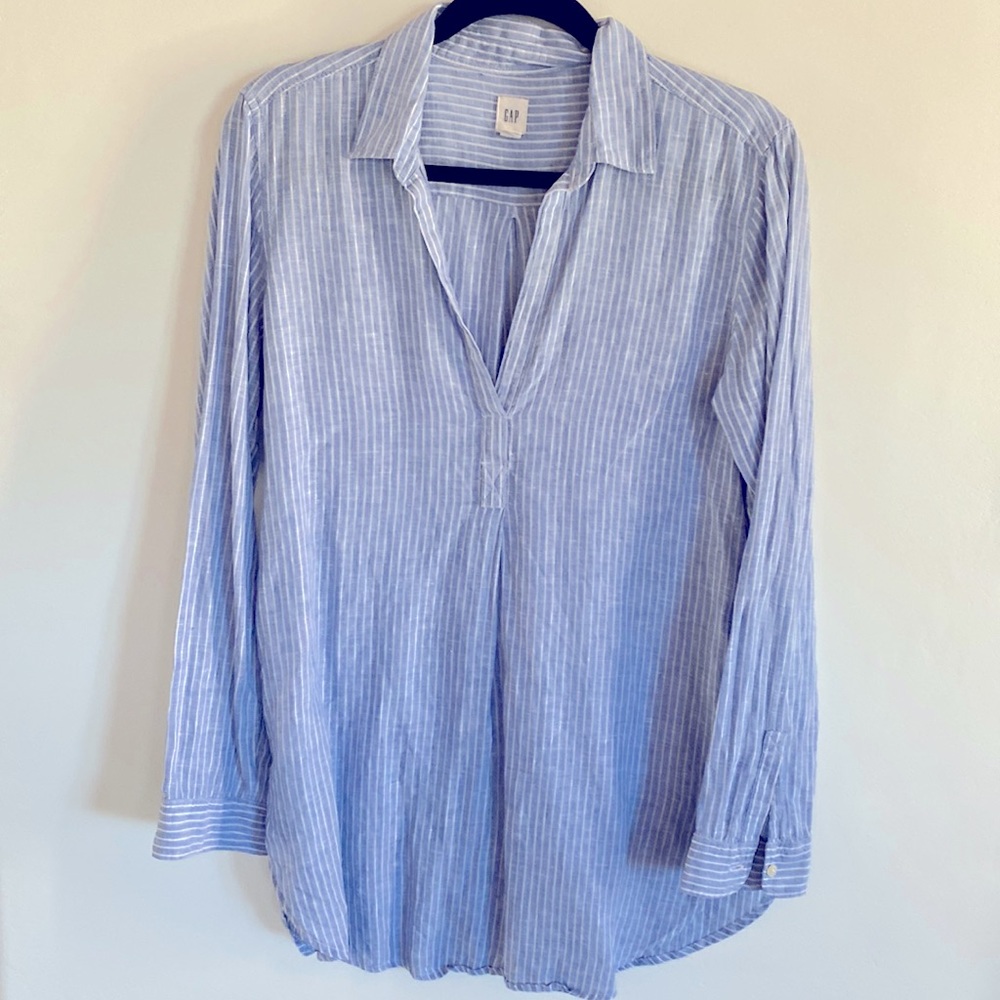 GAP Linen Blue with White Pinstripes Long Sleeve Tunic Shirt - M